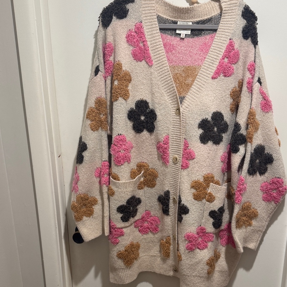 Floral Knit Cardigan in Pink, Black, and Brown
